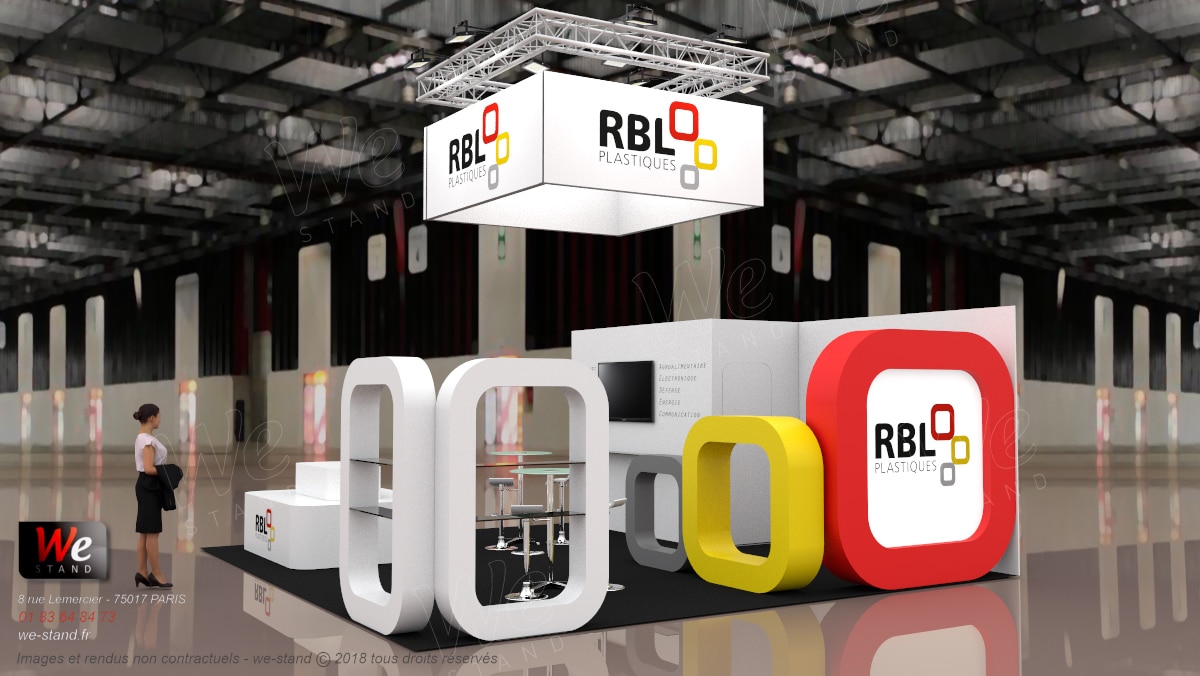 Rendu 3D Stand sur mesure RBL plastique Conçu et fabriqué par WeStand
